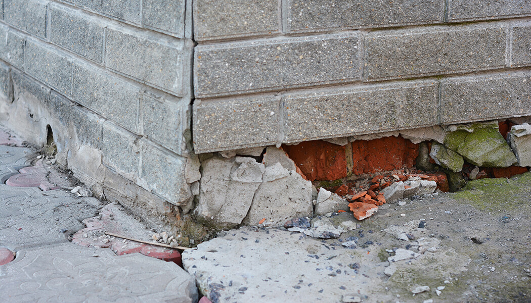 Close up of damaged brick corner due to sunken foundation